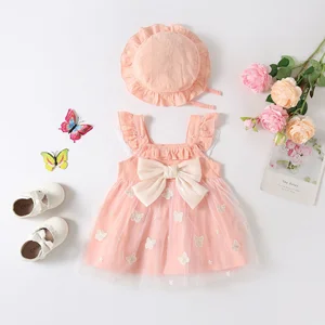 Girls Kids Casual Fly Sleeve Dress Children's Pink Tulle Embroidered Butterfly Big Bow Skirt