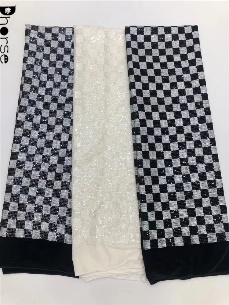 New Velvet Black and White Checkered Lace Fabric With Sequins Stretch Lace Fabric
