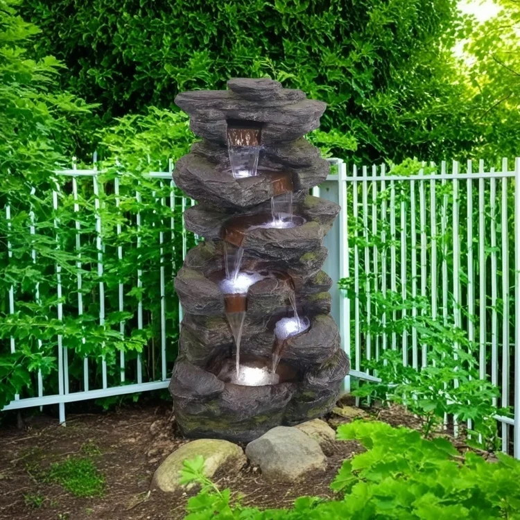 Magic Union 7-Tier Cascading Rock Water Fountain, 24 H Outdoor Freestanding Fountain with LED Magic Union 7-Tier Cascading Rock Water Fountain, 24 H Outdoor Freestanding Fountain with LED