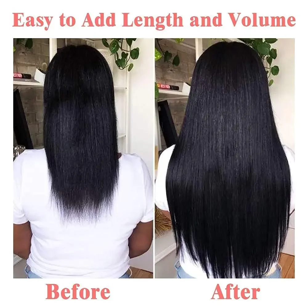 Straight Clip In Hair Extensions Natural Black Color_voghion.com