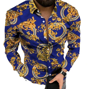 New design golden printing shirts men 2021 Quality fashion blouse long sleeve Tops plus size male clothing Autumn winter party