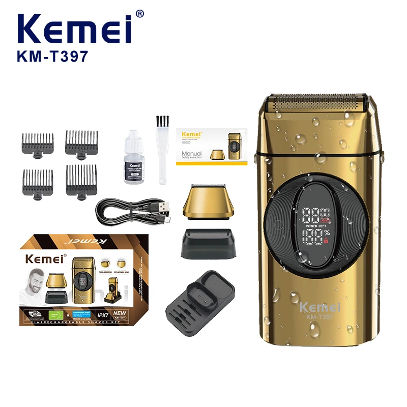 Tondeuse à barbe 2-en-1 KEMEI KM-T397, vitesse réglable de 7 à 9 000 tr/min, batterie de 1400 mAh, tête remplaçable, kit de soin portable miniature pour hommes, rasoir électrique étanche IPX7