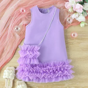 European and American summer girls' dress - sleeveless cake-style net chiffon skirt with skirt hem + bag-style princess dress