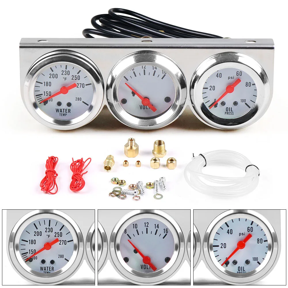 Chrome 2inch 52MM Triple Gauge Kit Volt Meter Water Temp Temperature Gauge Oil Press Pressure Gauge Car Meter