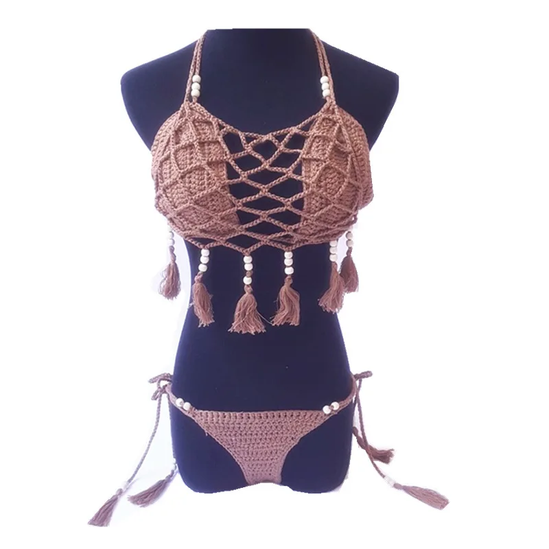 Wholesale Custom Ladies 3 Piece Swimsuit Women Swimwear Handmade Hollow Knitting Crochet Bikini