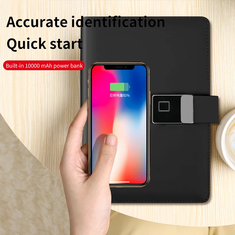 Элегантный кожаный блокнот на подкладке цветная Настройка блокировка отпечатков пальцев дневник с зарядным банком и USB-диском