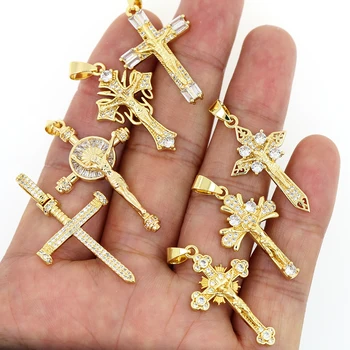 Fashion Religious Virgin Mary Cross Charm 18K Gold Stainless Steel Cubic Zircon Cross Pendant for Necklace
