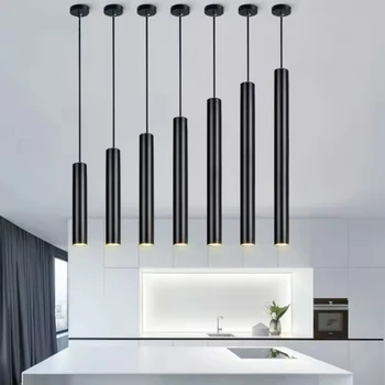 Dimmable Hanging Light Cylinder Hanging Lamp Kitchen Island Pendant Light Long Tube LED Modern Nordic Black Aluminum 5W