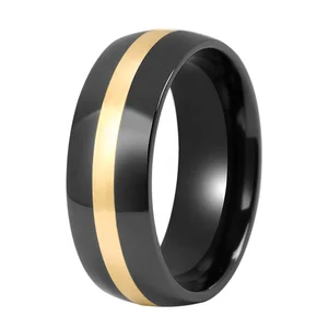 Factory Directly Sale 8mm Dome Black Zirconium Ring with Real 18K Gold Inlay Luxury Wedding Band Jewelry Ring for Men