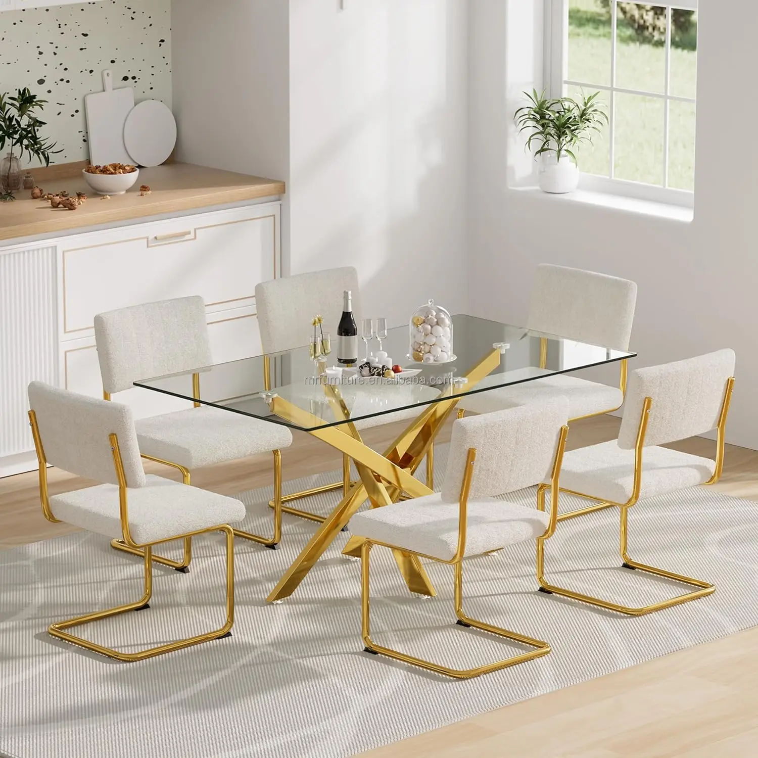 Modern Luxury Dining Table Set with Gold Tempered Glass