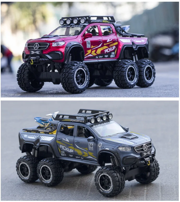 Alloy Diecast Model Cars Toys 1:28 scale wheels benz metal model with light sound monsters Pickup truck Yama yz450 pull back toy
