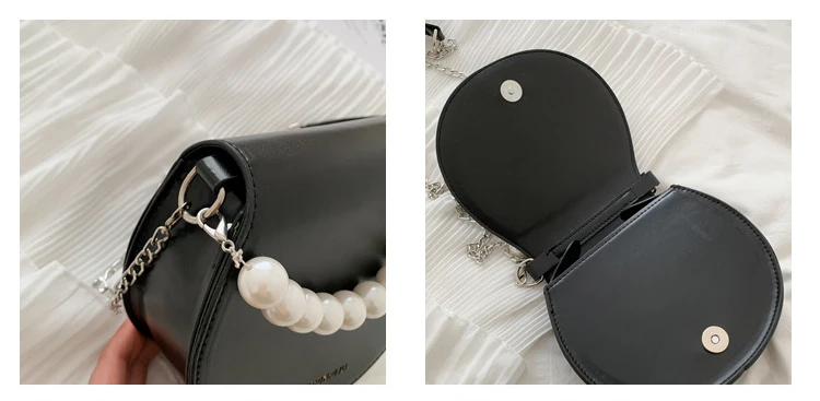 Hr351 New Fashion Chain Pearl Handheld Shoulder Bag Simple Crossbody Saddle Bag Pu Leather ...