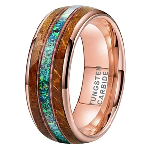 Coolstyle Jewelry 8mm Whisky Wood Guitar String Green Opal Inlay Rose Gold Tungsten Ring for Men Women Engagement Wedding Band