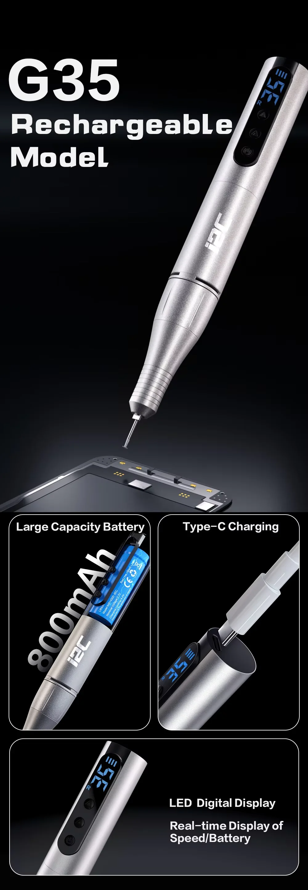 I2C G35/G35Pro Anti-Shake Wireless Grinding Pen Type-C Fast Charging Lightweight Portable for Phone Repair Polishing