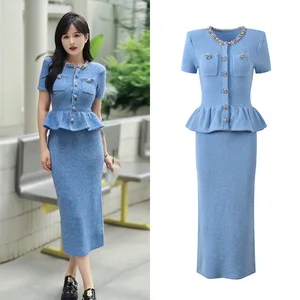 Bettergirl 2026 New Fashion Luxury Rhinestone Round Neck Blue Long Dress Slim Short Sleeve Knitted Party Dress