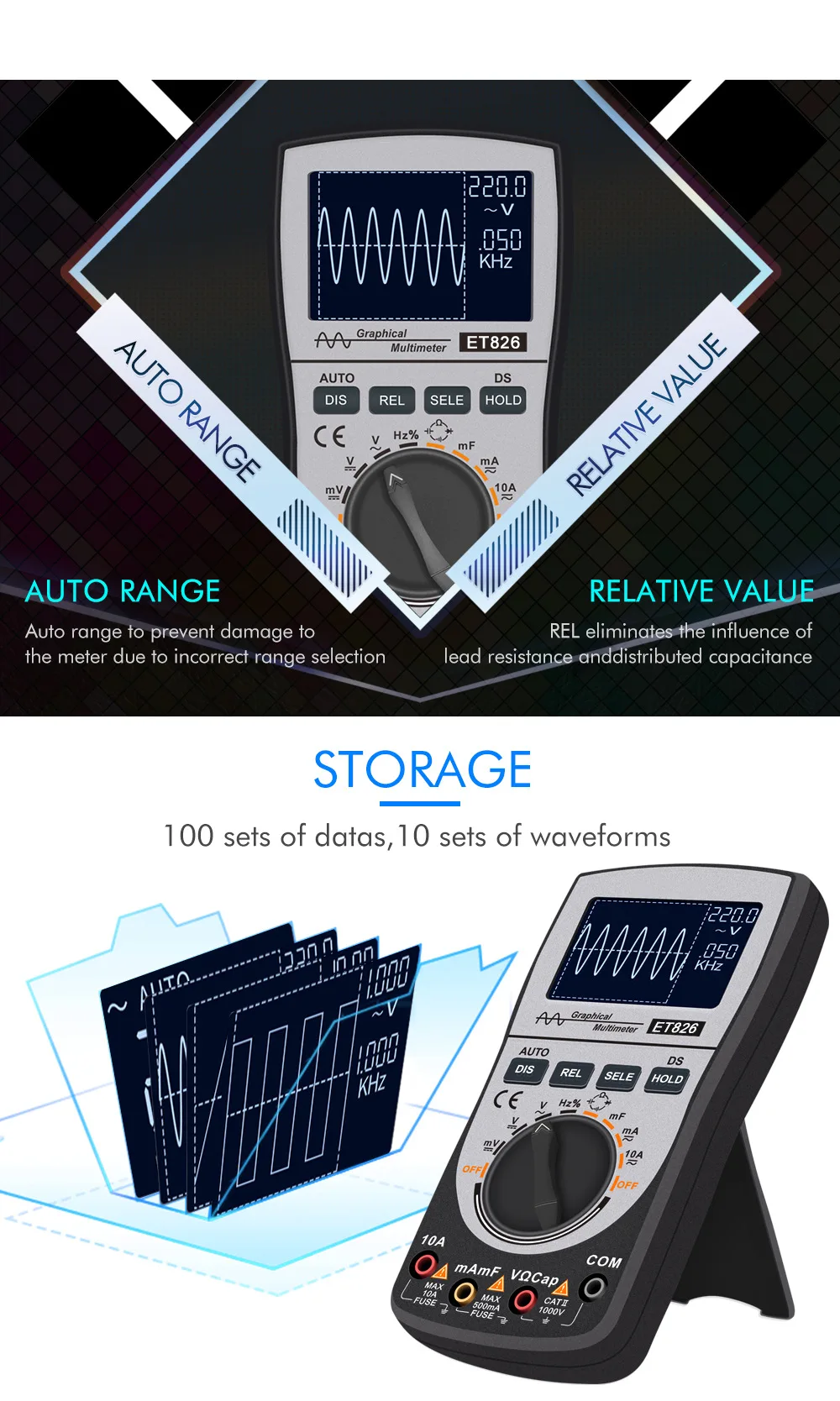2-в-1 интеллигентая (ый) цифровой осциллограф ET826 мультиметр переменного тока/постоянного напряжения переменного тока Частотный диод тестер 4000 отсчетов