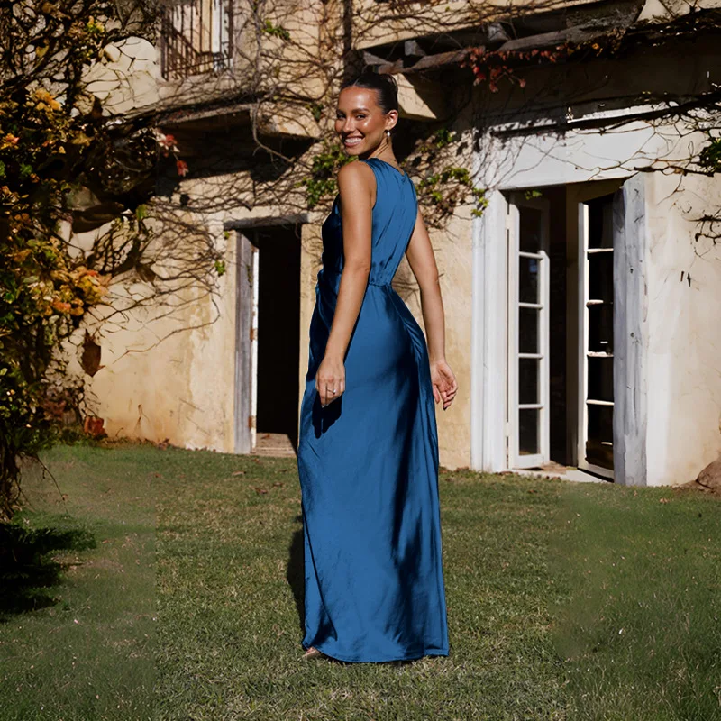 Fashion V Neck Sleeveless Satin Long Dress With Slit Blue Evening
