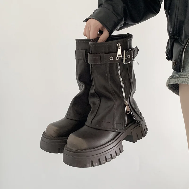 Fashion Thick Sole Widen Shaft Black Short Boots Double Zippers Distressed Black Women Western Mid-calf Boots - Image 2