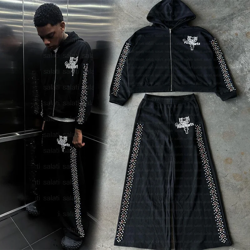 Custom 500GSM Zip up Oversized Baggy Fleece Rhinestone Jogger Sweatpants Sweatsuits Hoodie and Sweat Pants Flared Tracksuits Men