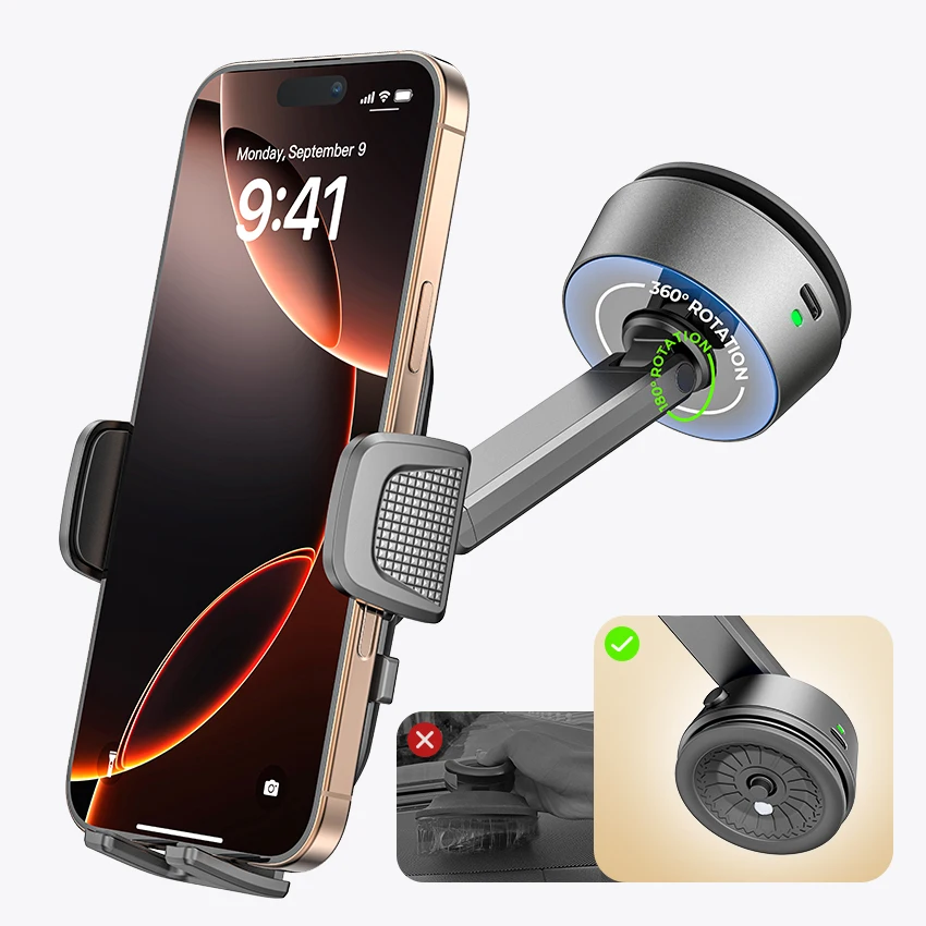LISEN Private Model Electric Suction Cup Phone Holder with Clamping Arm 360  Degree Rotation and Battery Indicator for Phone