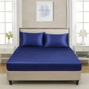 Fully Elasticized Queen Size Navy Blue Cooling Satin Fitted Sheet Sets