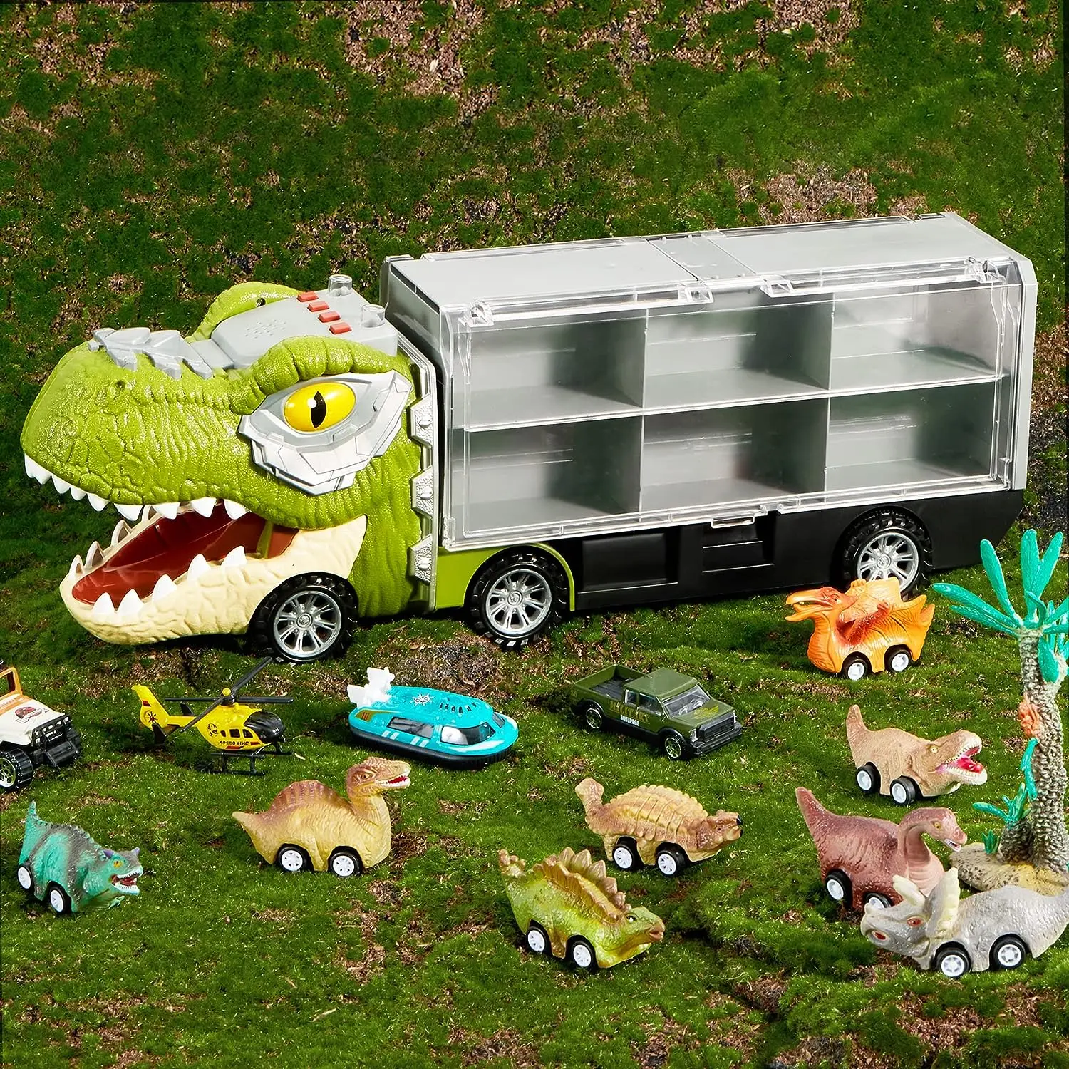 Huiye Dinosaur Truck Fun Transport With 12 Pull Back Dinosaur Vehicles ...