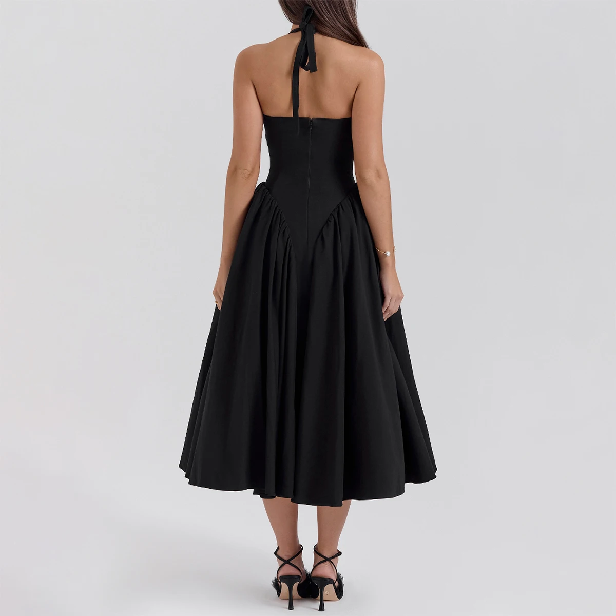 Stylish Black Twill Halter Midi Dress for Women's Parties