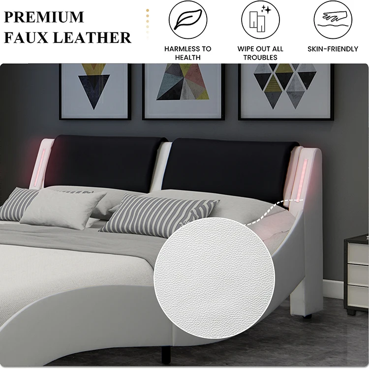 Willsoon Modern Curve Double Upholstered Bed Wooden Faux Leather with LED Headboard Soft and One Package for Home