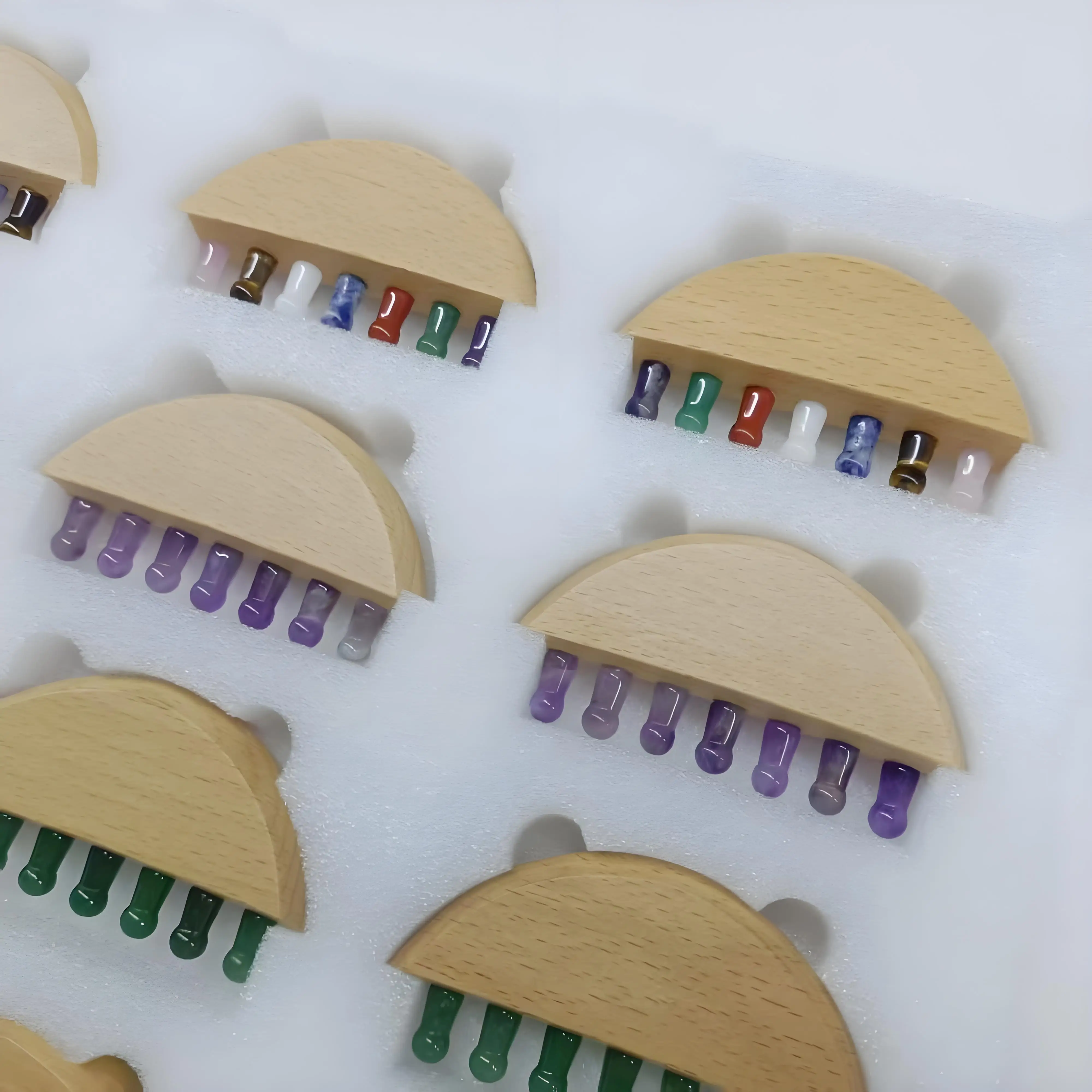 Custom Private Label Scalp Gua Sha Comb Wooden Handle Head Massager with Natural Stone Teeth for Massaging the Scalp