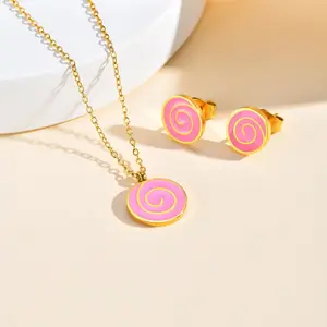 High Quality Fashion Stainless Steel Jewelry Set Cute Sweet Pink Candy Shape Kid Jewelry Necklace and Earrings Sets Girls
