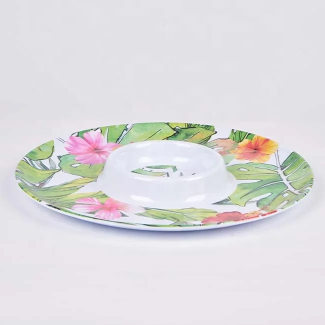 Free Sample Custom Made Big Round Plastic Snack Food Serving Trays Safe Food Grade Melamine Dip and Chip Tray
