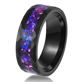 POYA Nebula Space Purple Alexandrite Inlay Hammered 8mm Black Tungsten Ring Promise Wedding Band Couples Rings for Men