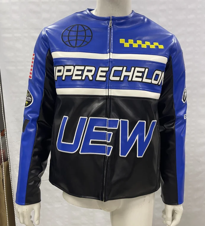 Custom Logo and Text Embroidered Stand Collar Patch Design Zipper up Speed Racer Leather Jacket