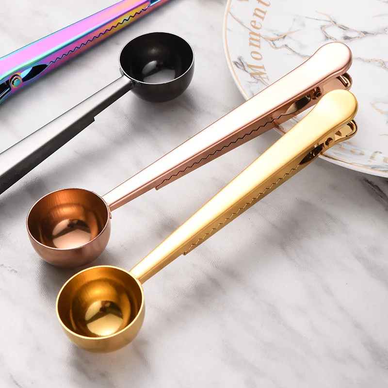 Golden Multifunction Measuring Spoon Metal Milk Powder Coffee Scoop Stainless Steel Coffee Spoon With Bag Clip for Coffee Tea