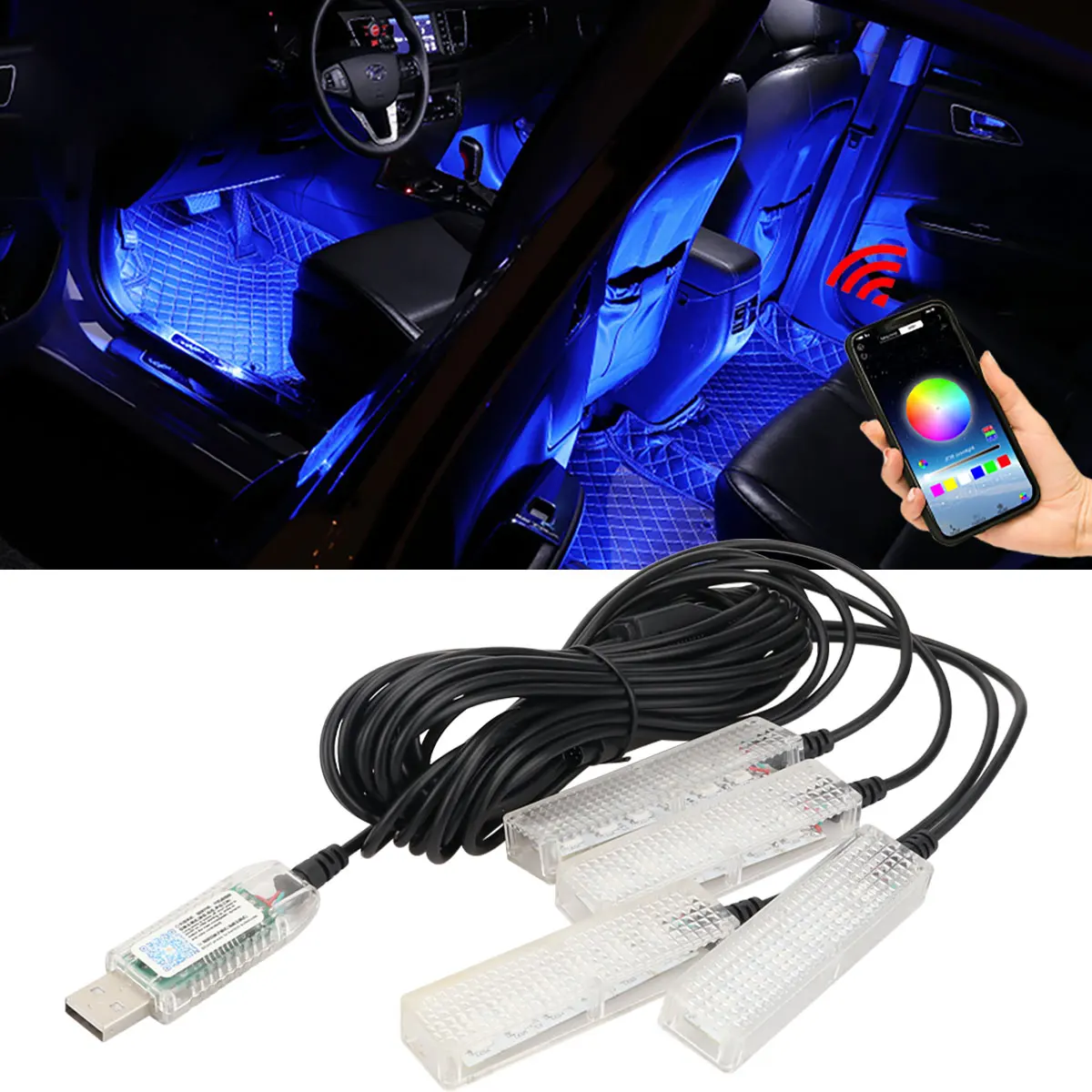 USB Car Foot Symphony Ambient Lighting Kit Interior App Controlled Decorative Atmosphere Light Strip for Car Central Control