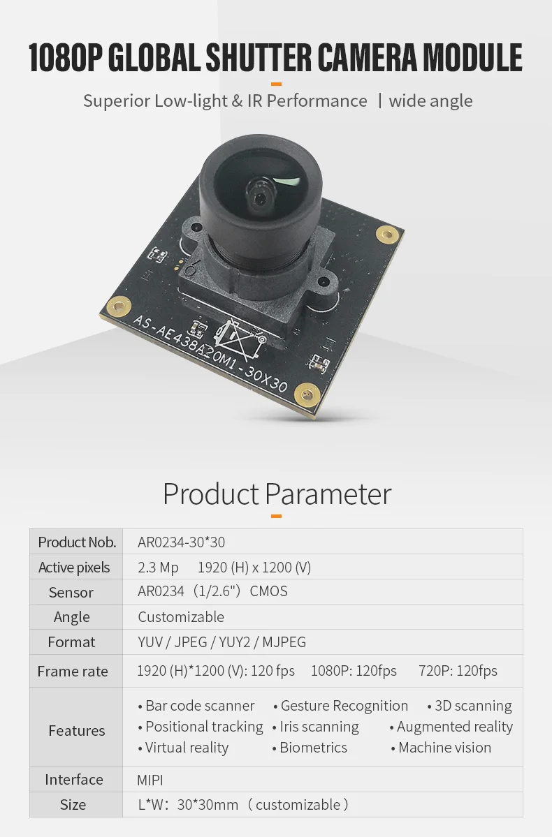 DGZX OEM AR0234 2.3MP FF Wide Angle CMOS Global Shutter MIPI Camera Module 1080P 120FPS RGB AI Drone Camera Module插图