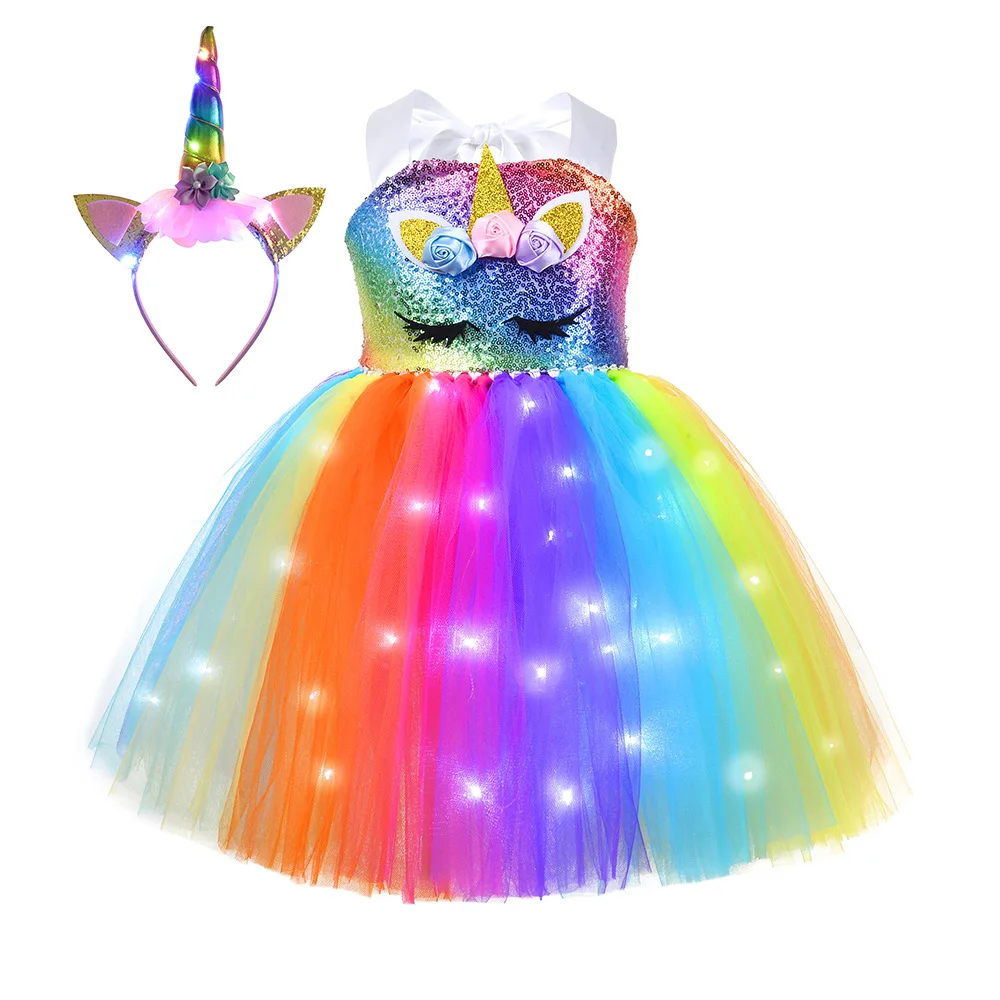 Girls Birthday Party Light up Unicorn Tutu Dresses Princess Dress Outfit  Halloween Christmas Unicorn Costume for Kids Clothes