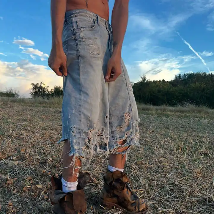 Salati Wholesale Hip Hop Custom Double Knee Damage Baggy Jean Jorts Hip Hop Ripped Vintage Heavy Denim Shorts Men gallery 2