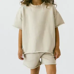 New Arrival Wholesale Custom Printing Soft Basic Casual Blank O-Collar 2 Piece Unisex Girls Boys Summer Kids Short Sets