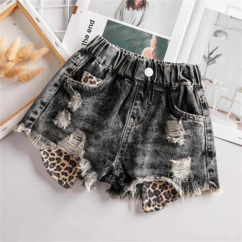 Wholesale Summer Fashion Kid Girls Hole And Leopard Denim Shorts