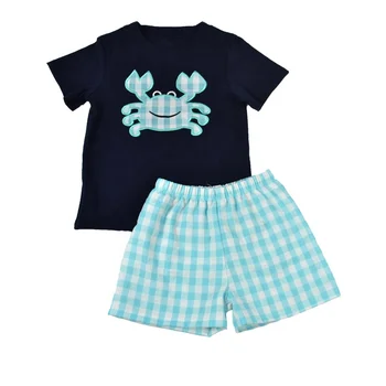 New Style Crab Applique 2 PCS Set for Baby Boys Cotton Top Blue Seersucker Shorts Kids Boutique Clothing