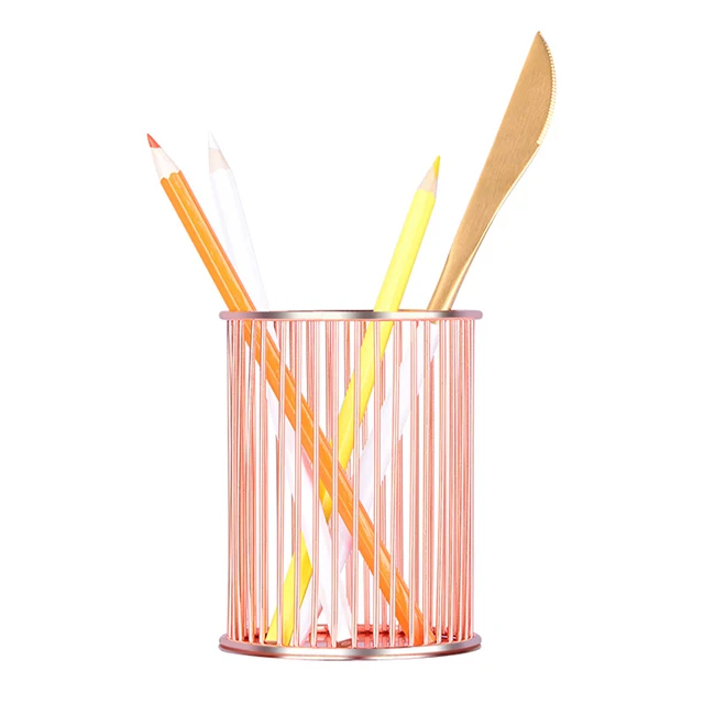 rose gold desk pencil holder metal wire pen holder for school