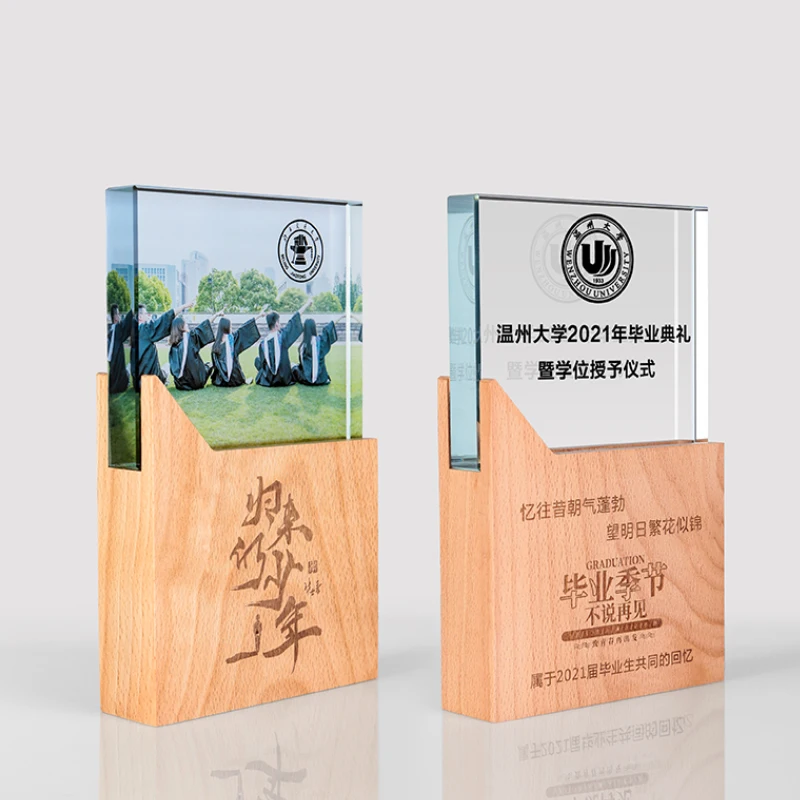 Custom Honor Wooden Trophy UV Carving 5th 10th 20th Company Anniversary celebration Souvenir Gifts Employees Glass Plaques