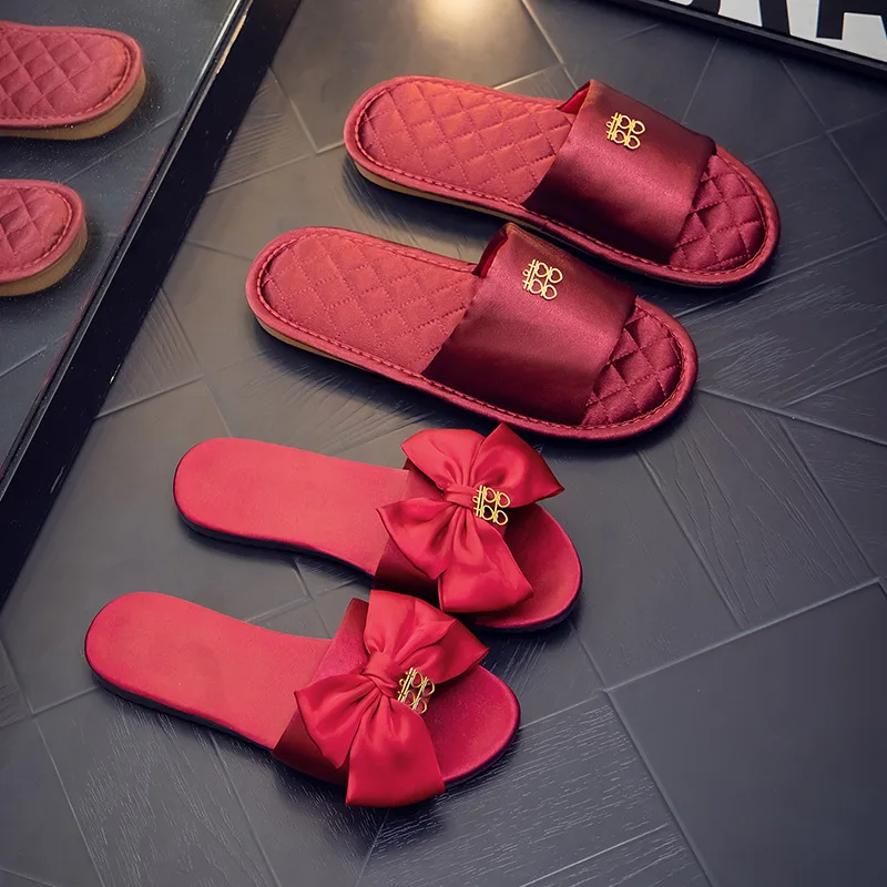 Factory Direct Sale Red Open Toe Wedding Slippers Sandals for Spring Summer Cotton Fabric Lining Fur One Piece Dropshipping
