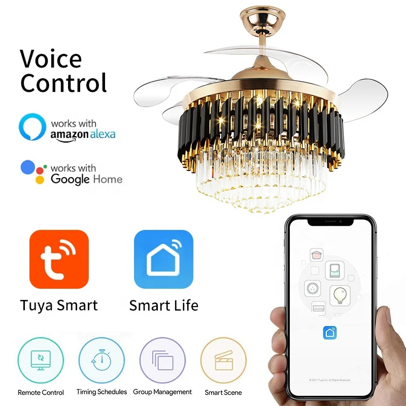 Smart Chandelier Ceiling Light and Fan Luxury Bedroom Crystal Chandelier  Ceiling Led Fan Light Luxury Ceiling Fan Led with Light