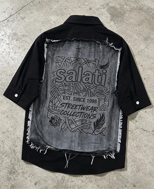 Men Y2K Denim Patchwork Shirt Frayed Graphic Print Short Sleeve Streetwear Casual Button up gallery 4