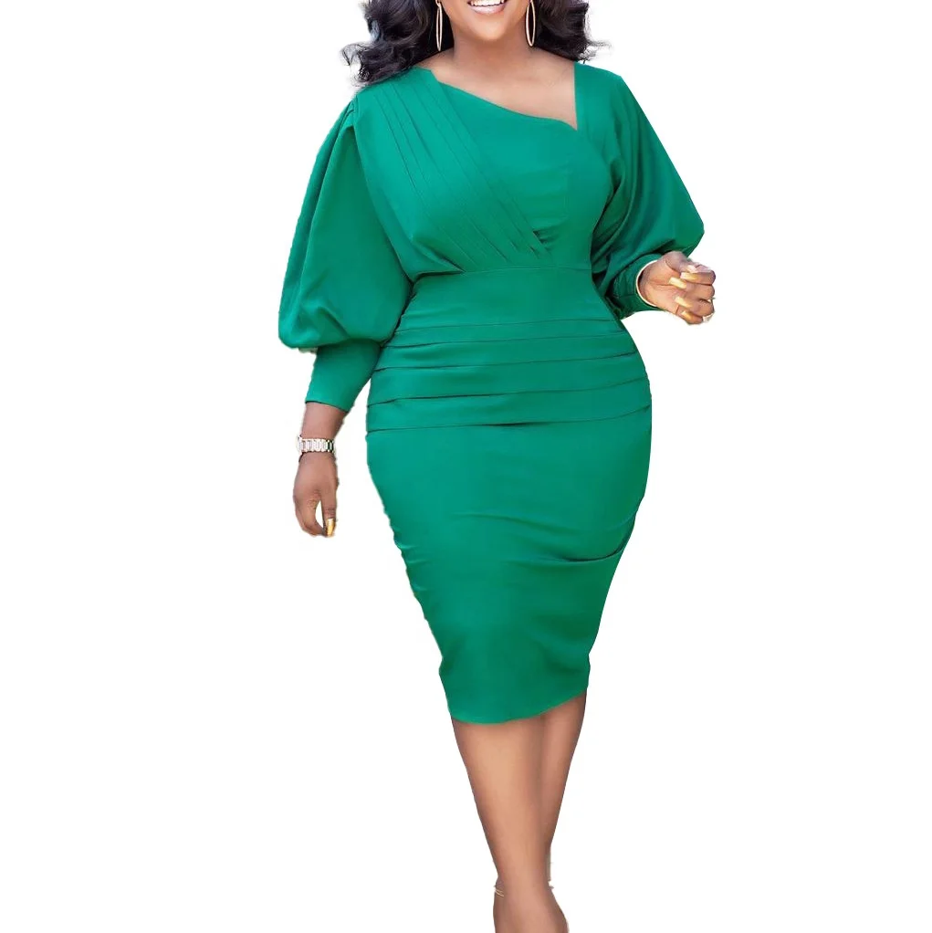 2022 Autumn Modest V-neck Puffy Sleeve Work Wear Dresses Female High Waist  S-XXXL Ruched Asymmetrical Hips Office Midi Dress
