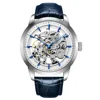 White shell, blue face, leather belt, blue leather