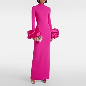 New Arrivals High Quality Dress Fashion Rose Red Flower Cuff Slim Fit Long Dress for Women