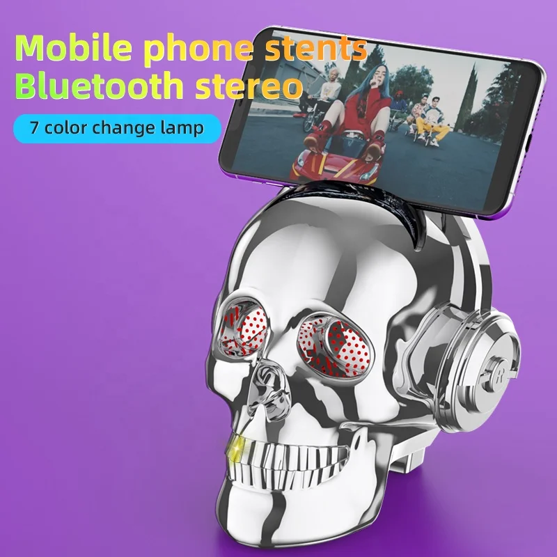 Portable Skull Head bluetooth Speaker  Colorful Lights Halloween Mobile Phone Bracket Audio Wireless Lucky Skull  Speaker